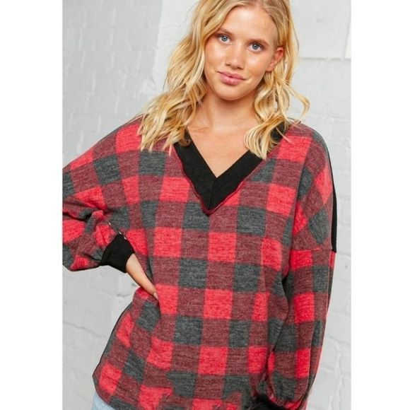 Soft V-Neck Red And Black Plaid Top - Picture 7 of 7